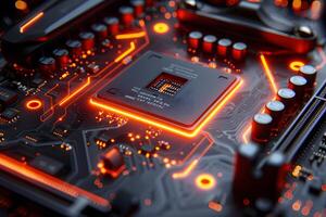 Futuristic Circuit Board with Illuminated Microchip for Technology Design photo
