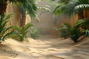 Tranquil Desert Oasis Pathway Lined with Lush Palm Trees for Relaxation and Meditation photo