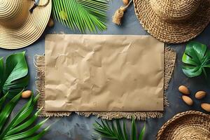 Tropical Summer Background with Straw Hats, Paper, and Palm Leaves for Design Projects photo