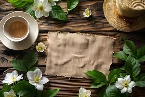 Rustic Tea Setting with Jasmine Flowers and Empty Canvas on Wooden Table photo