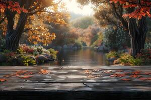 Serene Autumn Landscape with Vibrant Foliage and Tranquil Lake View photo