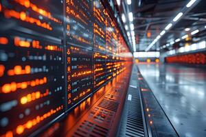 Futuristic Data Center with Advanced Digital Display and Network Grid photo