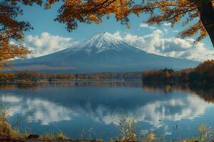 Autumn Serenity at Mount Fuji Reflecting in Lake with Colorful Foliage photo