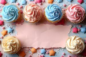 Pastel Cupcakes with Blank Space Perfect for Design, Greeting Cards, and Invitations photo