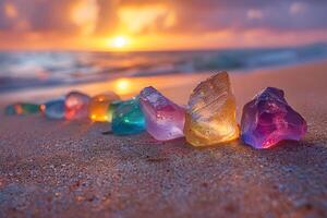 Vibrant Sea Glass Gems on Sandy Beach at Sunset Coastal Serenity for Artistic Inspiration photo