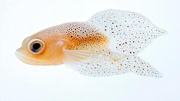 Jellynose Fish Ateleopodidae is observed gliding gracefully against a white background highlighting its distinct translucent body and delicate fins. photo