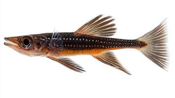 Lanternfish belonging to the Myctophidae family is displayed prominently against a white backdrop highlighting its distinctive body shape and coloration. photo