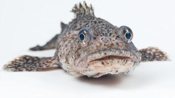 Monkfish Lophius piscatorius is displayed against a pristine white background showcasing its distinct appearance and textures emphasizing its remarkable adaptations for survival. photo