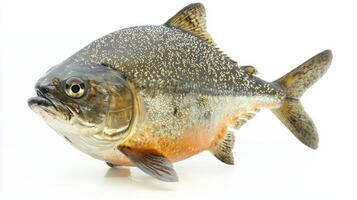 Piranha Pygocentrus nattereri is depicted on a pristine white background highlighting its unique shape texture and vibrant colors. The fish showcases its characteristic features. photo