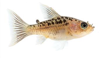 Pygmy Corydoras glides gracefully in clear water displaying its distinct spots and vibrant coloration against the bright white backdrop highlighting its beauty. photo