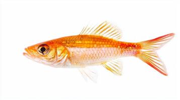 red mullet known scientifically as Mullus barbatus displays its striking orange and gold hues while resting against a white backdrop highlighting its unique physical characteristics. photo