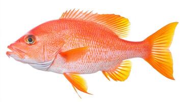 striking Red Snapper known scientifically as Lutjanus campechanus features vibrant orange red scales and bold fins emphasizing its aquatic beauty and importance in seafood production. photo