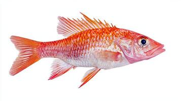 red mullet scientifically known as Mullus barbatus displays its striking coloration and distinct physical features against a white background emphasizing its marine beauty. photo