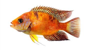 Red Terror Cichlid displays its vivid orange and blue hues swimming gracefully against a stark white background highlighting its unique features and pattern. photo