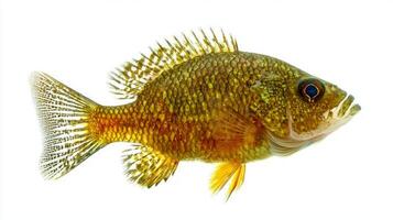 Redear Sunfish displays its distinctive features and colors emphasizing its scales and body shape while resting against a bright white backdrop. photo