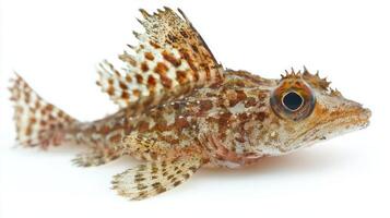 sculpin belonging to the family Cottidae is showcased against a white backdrop revealing its intricate patterns and physical characteristics typical of this species. photo