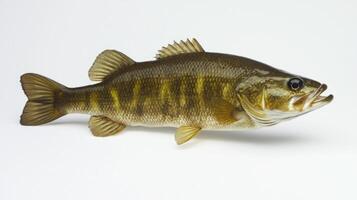 Smallmouth Bass Micropterus dolomieu is showcased with remarkable detail highlighting its distinctive markings and healthy appearance against a clean white backdrop. photo