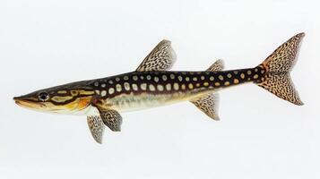 spotted gar Lepisosteus oculatus glides smoothly through clear water showcasing its distinctive spotted pattern against a white backdrop highlighting its elegance. photo
