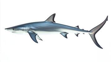 thresher shark known for its elongated tail is displayed against a white background highlighting its unique form and anatomy for educational purposes. photo