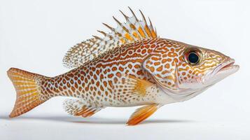 Tilefish known scientifically as Lopholatilus chamaeleonticeps displays its striking patterns and colors while resting on a white background highlighting its unique features. photo