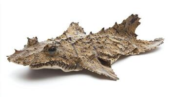 vividly detailed Wobbegong Shark Orectolobidae family is showcased against a white backdrop accentuating its peculiar shape and intricate patterns ideal for educational purposes. photo