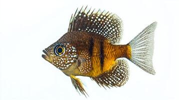 African Butterfly Fish known for its striking coloration and distinct shape swims gracefully against a clean white background highlighting its beauty. photo