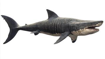 basking shark swims effortlessly displaying its distinctive streamlined body and large mouth while gliding through the oceans blue waters. Its serene movement captivates the viewer. photo