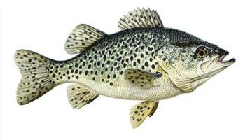 Black Crappie showcases its beautiful spotted body gliding peacefully in a vivid display of aquatic life highlighting its unique features and texture. photo