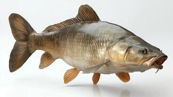 Bighead Carp glides effortlessly through the water showcasing its sleek body and distinctive fins under soft lighting. The focus highlights the fishs natural features. photo
