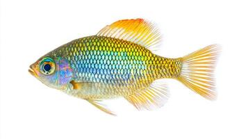 Boesemani Rainbowfish displays a stunning array of colors featuring iridescent scales and delicate fins creating a striking contrast on a white backdrop. photo