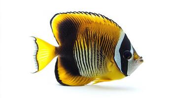 butterflyfish glides in calm waters displaying striking yellow black and white patterns on its body. Its fins gracefully flutter as it navigates its habitat. photo