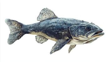 Coelacanth a prehistoric fish known for its distinct features is displayed prominently against a clean white background highlighting its textured skin and fins. photo