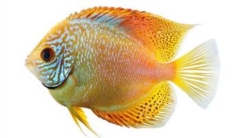 stunning Discus Fish displays its vivid colors and intricate patterns in a photorealistic portrayal isolated on a clean white background. The fishs features highlight its beauty. photo