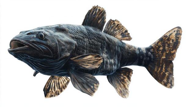 striking Coelacanth a rare marine fish displays its distinct body structure and fin arrangements against a plain white backdrop emphasizing its fossil lineage. photo