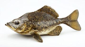 flounder known scientifically as Paralichthys dentatus displays its distinctive flat body and camouflaged coloration against a clean white backdrop emphasizing its biological features. photo