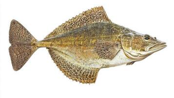artwork presents a flounder with intricate details highlighting its distinctive shape and coloration resting prominently on a white backdrop. photo