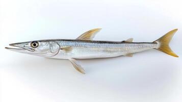Garfish known scientifically as Belone belone displays its elongated body and sharp teeth highlighting unique adaptations. The vibrant colors and fine details emphasize its aquatic beauty. photo