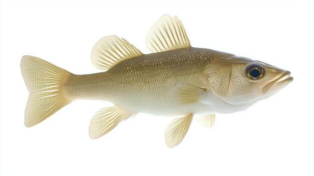 depiction showcases a haddock with intricate details emphasizing its coloration and fin structure set against a clean white backdrop. photo