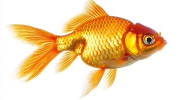 goldfish Carassius auratus displays its bright orange hues as it swims effortlessly against a clean white backdrop highlighting its beauty and elegance. photo