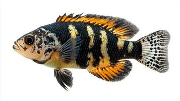 stunning Rocio octofasciata displays vibrant colors and intricate patterns against a clean white backdrop highlighting its beauty in aquatic life. photo