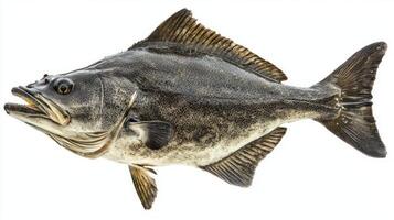 depiction showcases a Halibut prominently illustrating its unique features. The fish is centered against a clean white backdrop enhancing its natural colors and textures. photo
