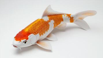 Koi Carp renowned for its vivid orange and white markings rests gracefully on a white background highlighting its natural beauty and intricate details. photo