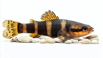Kuhli Loach Pangio kuhlii showcases vibrant colors it glides gracefully over bed of smooth white stones highlighting unique patterns and playful demeanor in an aquarium. photo