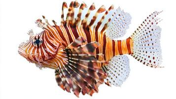 lionfish displays its striking fins and vivid stripes in a photorealistic portrayal highlighting its intricate details and natural beauty. photo
