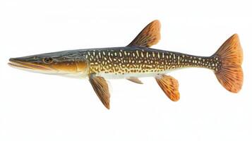 Longnose Gar known for its elongated snout and distinctive scale patterns swims majestically in clear water showcasing its unique features against a neutral backdrop. photo