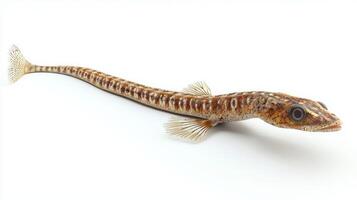 striking pipefish from the Syngnathinae subfamily is vividly displayed highlighting its elongated body intricate patterns and delicate fins set against a clean white backdrop. photo