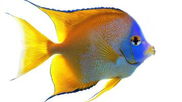 Queen Angelfish elegantly swims with striking blue and yellow patterns visible against a stark white backdrop highlighting its beauty and uniqueness as a marine species. photo