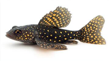 Royal Pleco glides gracefully highlighting its striking black body adorned with vivid golden spots creating a captivating visual against a clean backdrop. photo