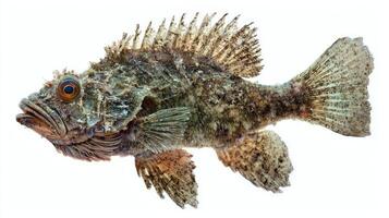 stonefish is depicted clearly against a white background showcasing its remarkable camouflage and features. This species is known for its venomous spines and startling appearance. photo