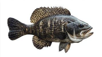 Tripletail fish displays a striking appearance with its unique shape and coloration against a clean white background. An example of marine biodiversity it exemplifies aquatic beauty. photo